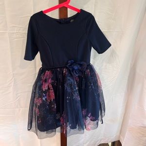 Navy blue girls dress, size 8, with velvet waist band and flowering tulle skirt